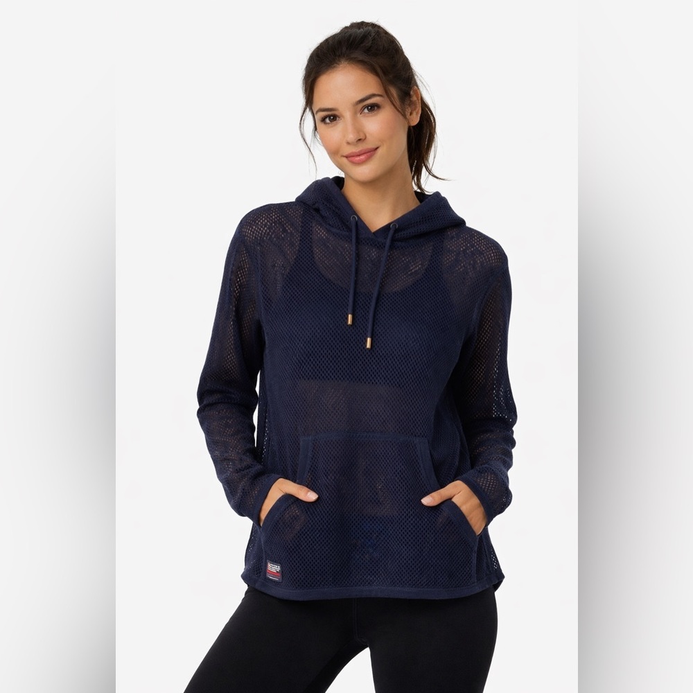 RALPH LAUREN WOMENS MEDIUM HOODIE SWEATER SEE THROUGH MESH STYLISH BLUE RARE USA